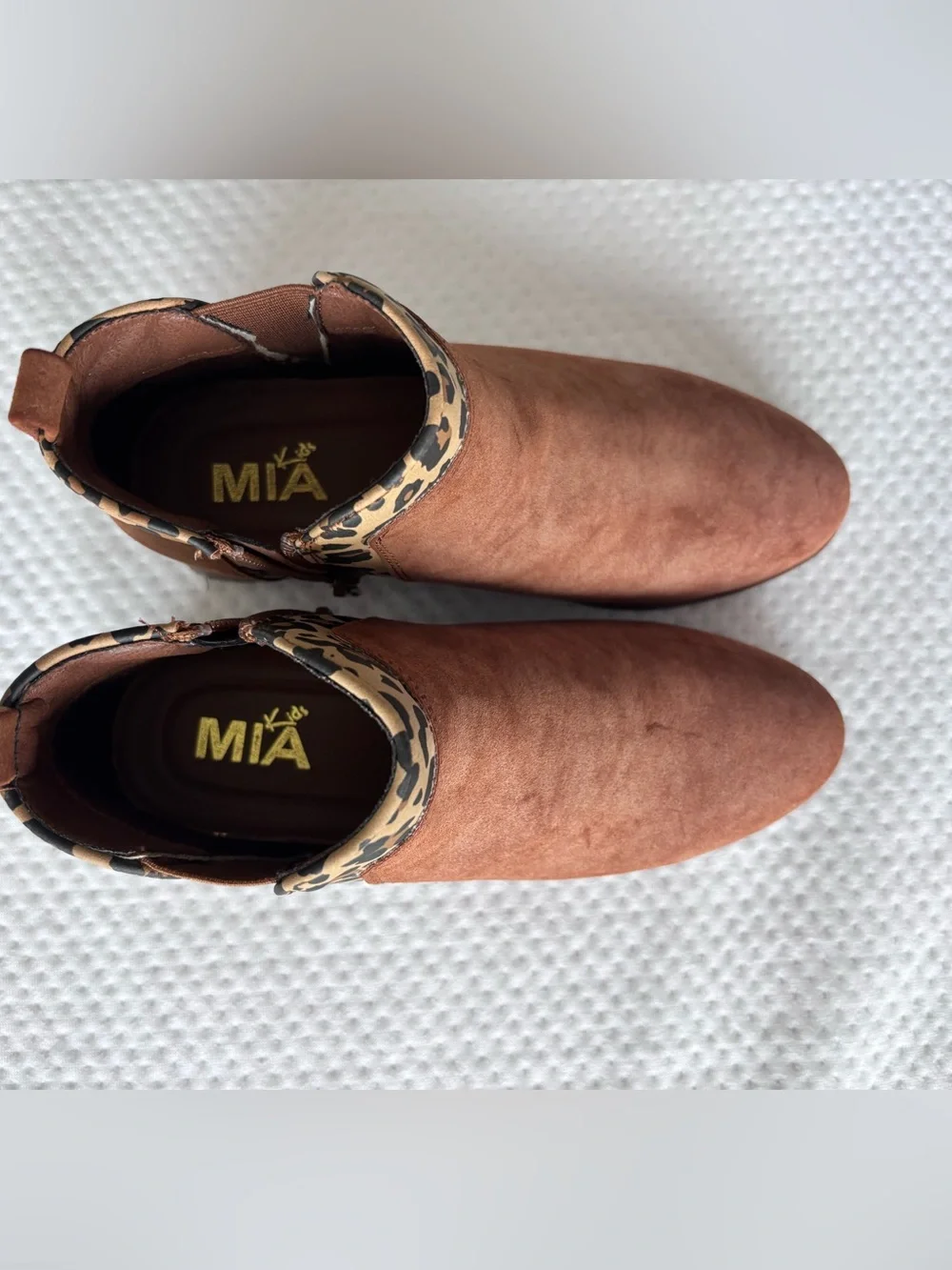 MIA Kids Tan Cognac Suede Leopard Trim Ankle Booties